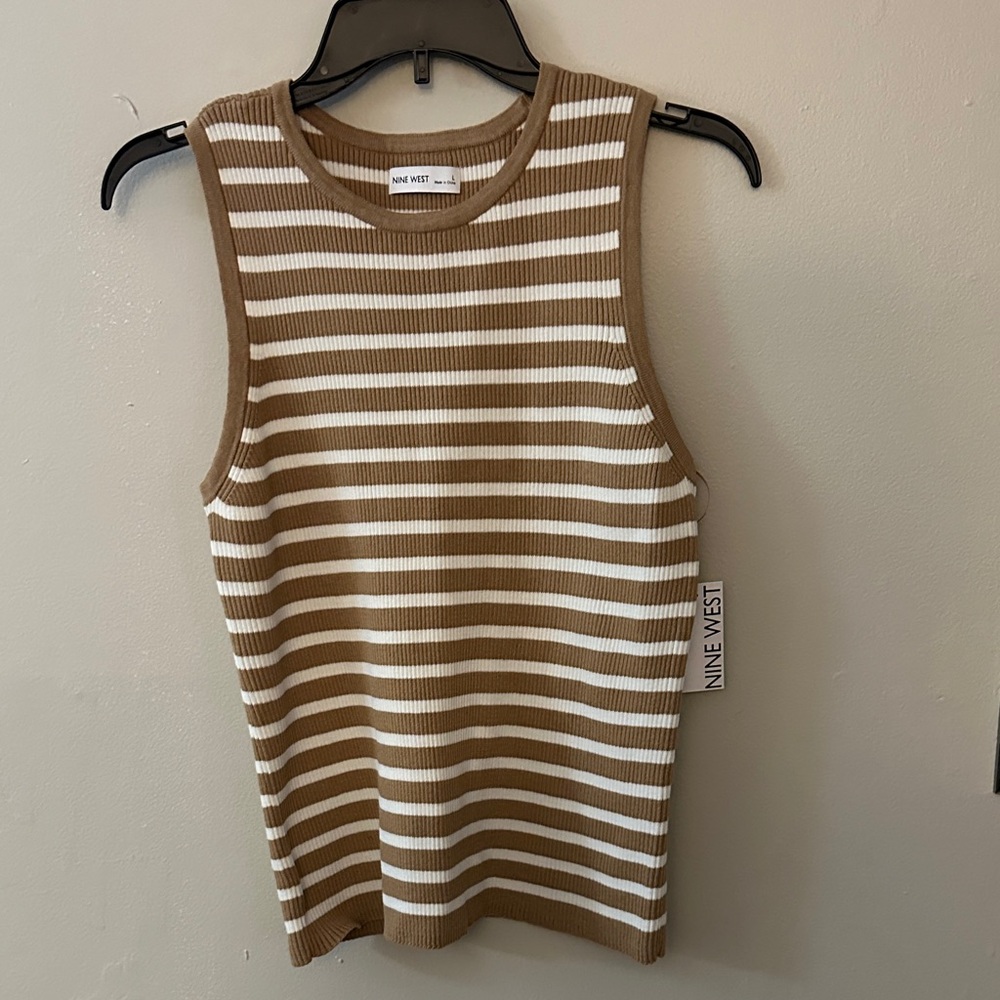 Nine West Striped Ribbed Tank in Camel and White